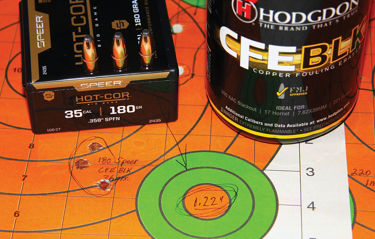 The author auditioned several powders with Speer's 180-grain Hot-Cor, the best printed into 1.22 inches using 36 grains of Hodgdon CFE BLK with a muzzle velocity of 2,234 fps.